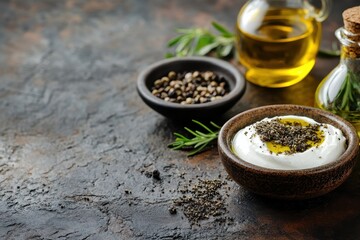 Homemade labneh dip with olive oil and zaatar featuring blank area Traditional Arabian or Middle Eastern cuisine