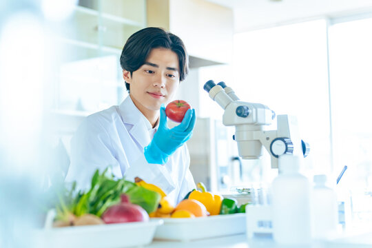 栄養士、科学者、研究者、研究、男性、野菜、管理栄養士、確認、検査、チェック、品種改良、研究所、実験、フルーツ、品質、農業、農作物、アグリテック、トマト、果物、作物、栽培、科学、キッチン、品種、ラボ、食品、安全性、試験、分析、農薬、有機栽培、食品安全基本法、HACCP、栄養、バイオテクノロジー、研究室、白衣、バイオ、開発、ヘルスケア、理系、学生、大学、実験室、日本人、フードテック、遺伝子組み換え、G