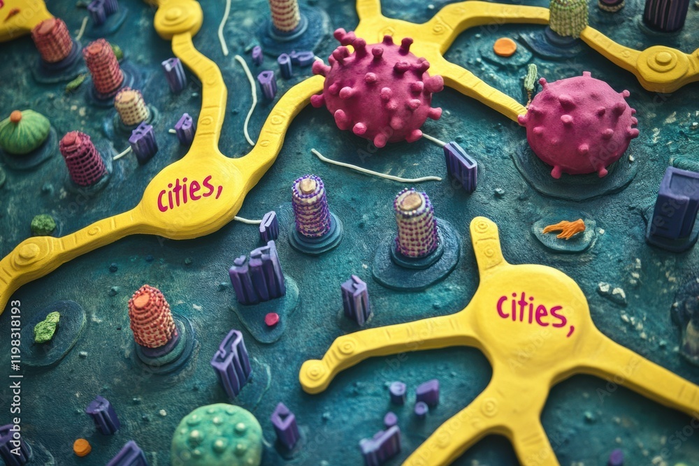 Poster playful depiction of bacteria colonies represented as colorful cities in a creative and imaginative 