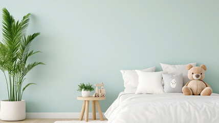 Cozy children bedroom with pastel walls, soft bedding, and decor