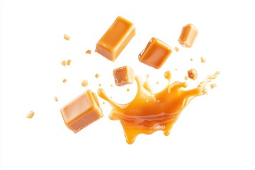 Hovering caramel candy on a white background dripping with melted sauce