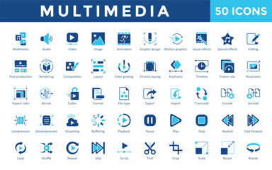 Multimedia icons set with multimedia, audio, video, image, animation, graphic design, motion graphics, visual effects, special effects, editing icon. Simple flat vector 
