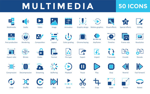 Multimedia icons set with multimedia, audio, video, image, animation, graphic design, motion graphics, visual effects, special effects, editing icon. Simple flat vector 

