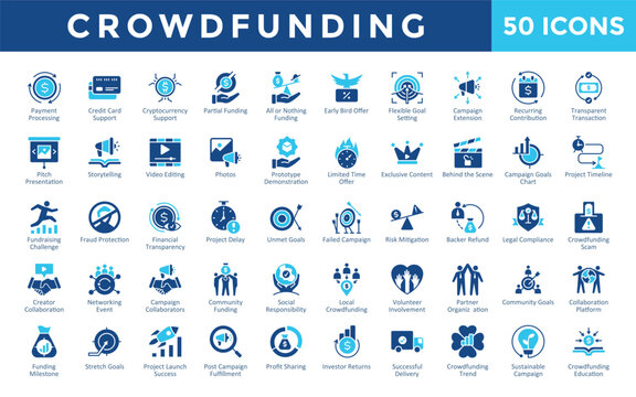 Crowdfunding icons set with payment processing, credit card support, cryptocurrency support, partial funding, all or nothing funding, early bird offer icon. Simple flat vector 
