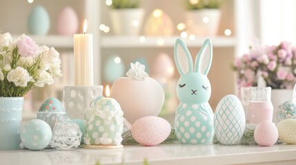 Obraz premium A cheerful Easter display with painted eggs, bunny-shaped candles, and pastel decorations on a table.