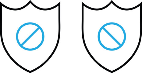 A black outline shield graphic with a blue prohibition symbol inside.