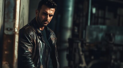 Man in Leather Jacket Standing Against a Wall