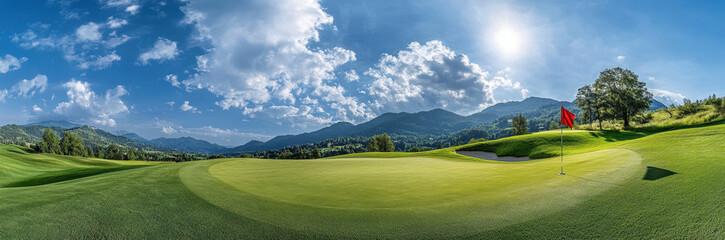 beautiful golf course landscape with lush green grass, mountains, and blue sky