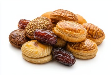 Isolated white background featuring sweet Arabic maamoul cookies with dates for Eid al Fitr and Ramadan