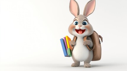 Obraz premium Happy cartoon rabbit with backpack and books.