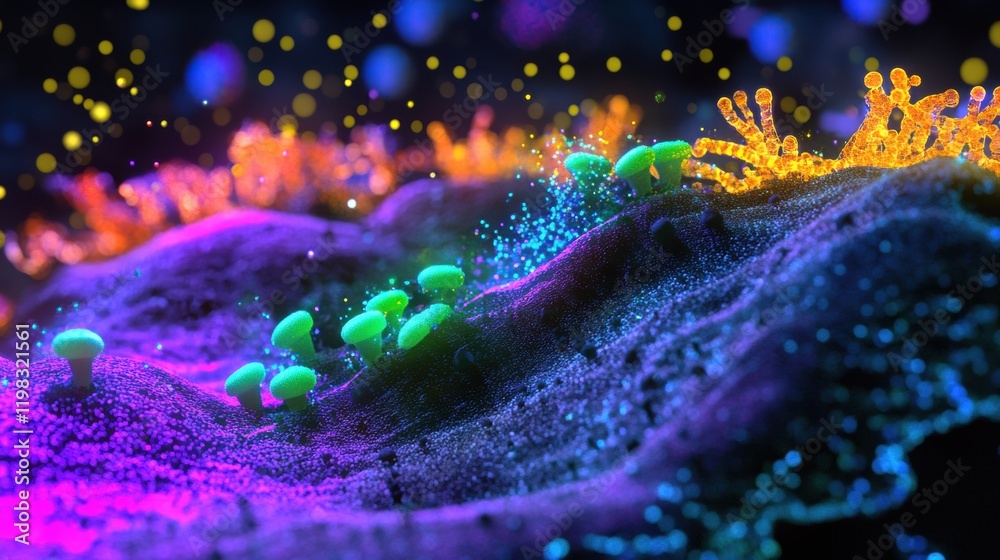 Aufkleber Close up view of molecular interactions showcasing vibrant microbial communities in a dynamic environment. Generative AI