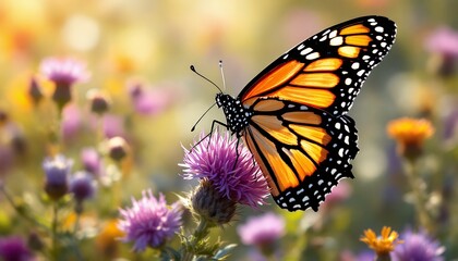 Monarch Butterfly on Thistle Flower in a Vibrant Meadow