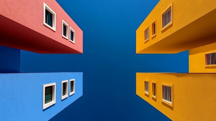 Vibrant Building Facades: A low-angle shot showcases colorful buildings against a clear blue sky. The bold hues of red, blue, and yellow create a striking visual contrast.