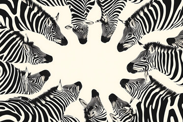 A circular arrangement of zebras' heads, showcasing their distinctive black and white stripes.