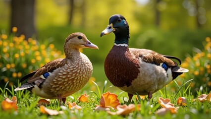 Obraz premium Two elegant ducks stand side by side in a verdant grass field, locked in a serene gaze—one male mallard with vibrant plumage, the other a graceful female—capturing nature's tranquil beauty