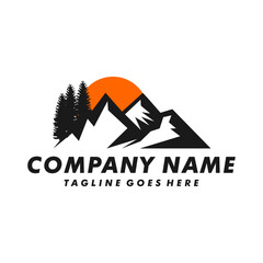 mountain logo design, mountain vector, pine tree, mountain and mountain silhouette, mountain logo premium,professional camping logo, holiday logo, vacation, landscape, mountain and mountains 