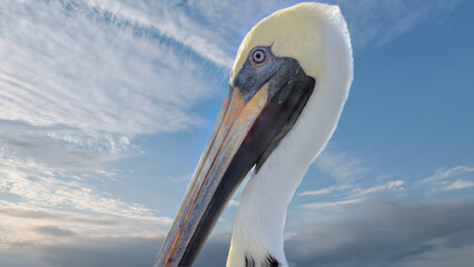 Close-up  of  pelicans  in Miami FL. Beautiful water and sky. Beautiful background.