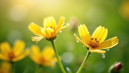 Close-up of bright wildflowers blooming with dewdrops in soft sunlight against a green background