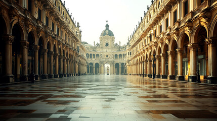 Fototapeta premium Majestic Architecture: A Picturesque Italian Piazza bathed in Golden Sunlight
