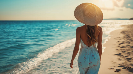 A woman is walking on the beach, wearing a dress and a sun hat, while enjoying her summer vacation. Beautiful sea view.
