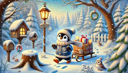 A Cheerful Penguin Postal Worker Delivering Glowing Letters in a Snowy Forest with Emerging Greenery on a Sunny Spring Day