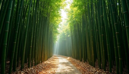 Obraz premium A serene bamboo forest with tall green stalks and sunlight filtering through the canopy