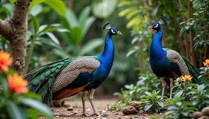 Obraz premium A pair of peacocks in a serene garden with one displaying feathers and the other perched