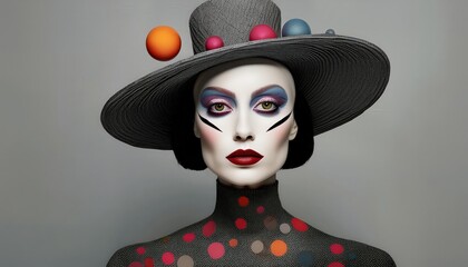 Vibrant Surrealistic Portrait of an Eccentric Young Woman in Unusual Makeup and Odd Hat A Journey into the Depths of Creative Expression and Dreamlike Fashion
