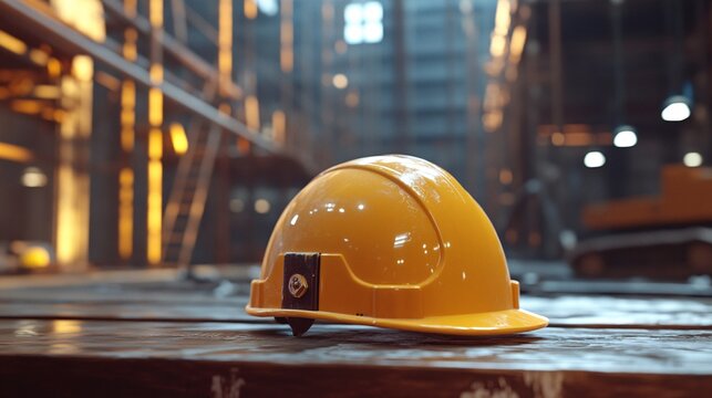 Yellow Hard Hat Resting on a Wooden Surface at a Busy Construction Site, Representing Safety, Industry, and Skilled Labor in a Professional and Dynamic Work Environment