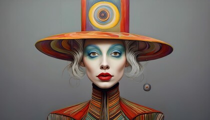 Striking Portrait of an Eccentric Young Woman in a Surrealist Art Masterpiece, Featuring Vibrant...