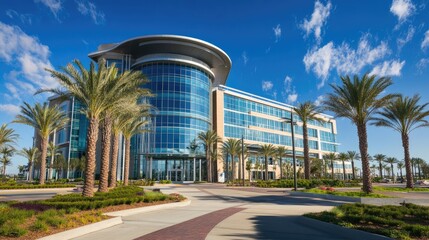 Fototapeta premium A contemporary office building with an open glass atrium and sharp, clean lines.