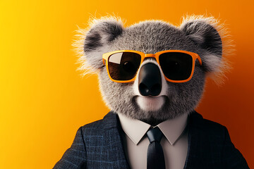 A koala wearing sunglasses and a suit against an orange background.