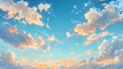 Serene blue sky with delicate spindrift clouds and golden hues at sunset, sky, serene. sundrift. illustration. Sundrift. Illustration