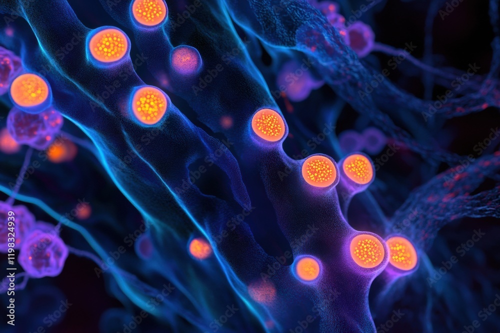 Fototapete close up view of molecular interactions with microbes under vivid illumination in scientific study. 
