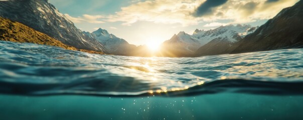 Majestic Mountain Lake Sunset: Underwater Perspective