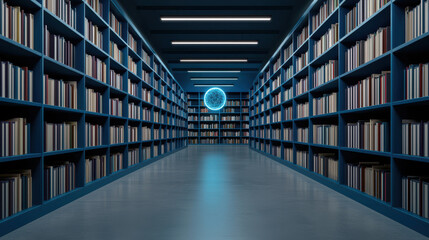 Fototapeta premium modern library interior with blue shelves and glowing sphere
