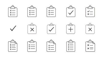 Create a set of clipboard icons in outline style, featuring checkmarks, lists, and crosses, representing tasks and statuses.