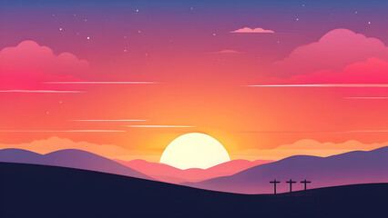 A cross standing tall against a peaceful sunset backdrop, creating a meaningful Holy Saturday theme with a minimalist touch. Illustration style.