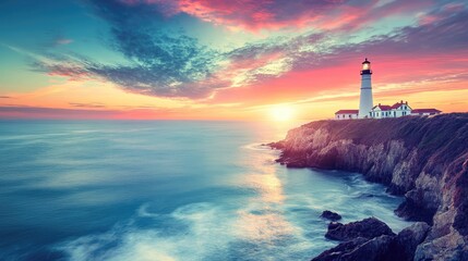 Fototapeta premium A famous lighthouse perched on a rocky cliff overlooking the ocean during sunset.