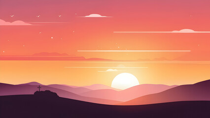 Obraz premium Holy Saturday-themed illustration featuring a cross silhouetted against a serene sunset.