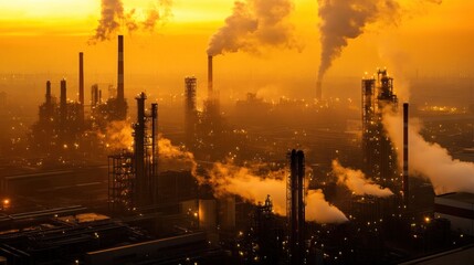 Industrial complex at sunset, emitting smoke and pollution.