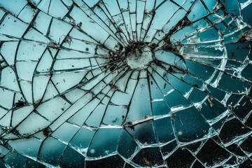 Obraz premium Shattered glass window with a green background. The broken glass is scattered all over the window, creating a sense of chaos and destruction. The image evokes a feeling of vulnerability