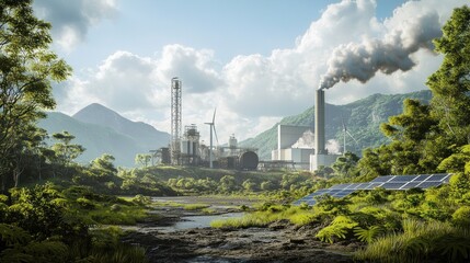 Obraz premium Industrial factory amidst lush nature, featuring solar panels and wind turbines, showcasing a blend of industry and environmental consciousness.