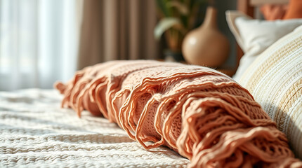 Cozy Knitted Peach Blanket on a Sunlit Bed: Home Decor and Interior Design Inspiration