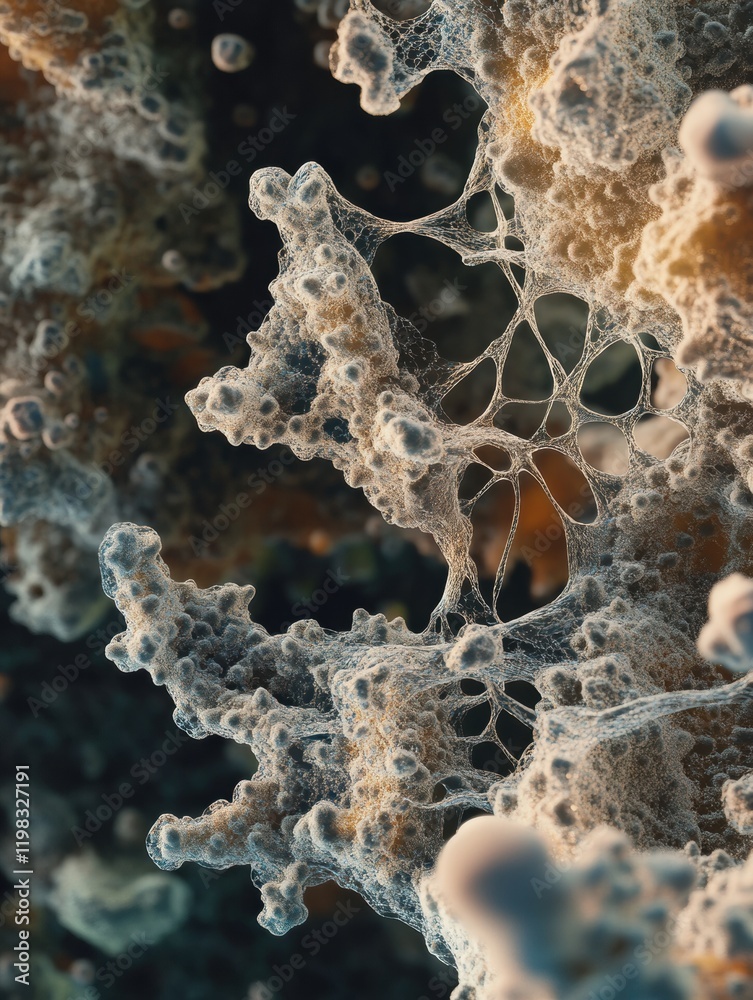 Poster dense layer of microbes showcasing intricate structures and diverse textures found in a natural envi