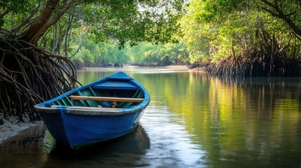 A colorful mangrove scene featuring a small fishing boat docked near the roots, with a peaceful, reflective water surface.