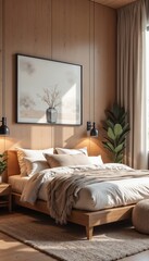 Rustic cozy bedroom with wooden walls, ceiling, white linens, beige throw, black wall lamps, framed art, potted plants, light carpet, beige curtains, woven pouf, and natural warm design accents.