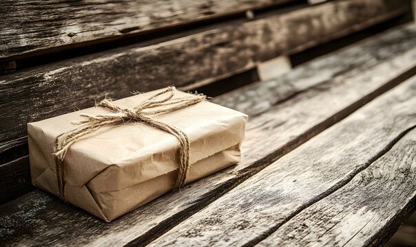 Rustic gift package on weathered wooden bench.