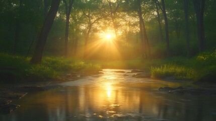Obraz premium Sun rays through misty forest, illuminating calm stream.