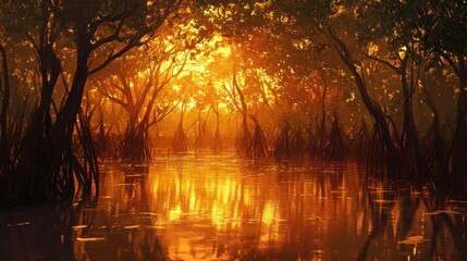 A dense mangrove forest at sunset, with golden light filtering through the branches and reflecting off the still water.